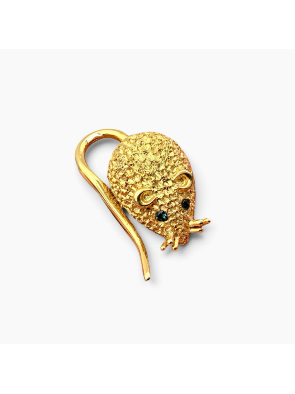 Vintage Gold Tone Mouse Brooch, Textured Mouse Pin, Blue Rhinestone Eyes, Cute
